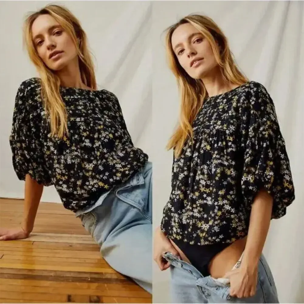 Free People Dessa Black Floral Puff-Sleeve Bodysuit